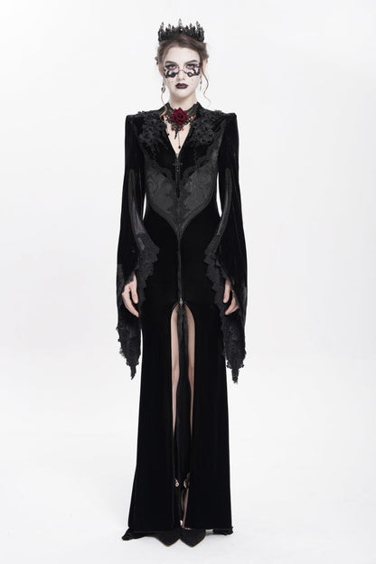 Black V Collar Long Trumpet Sleeves Floral Embroidered Velvet Women's Gothic Dress