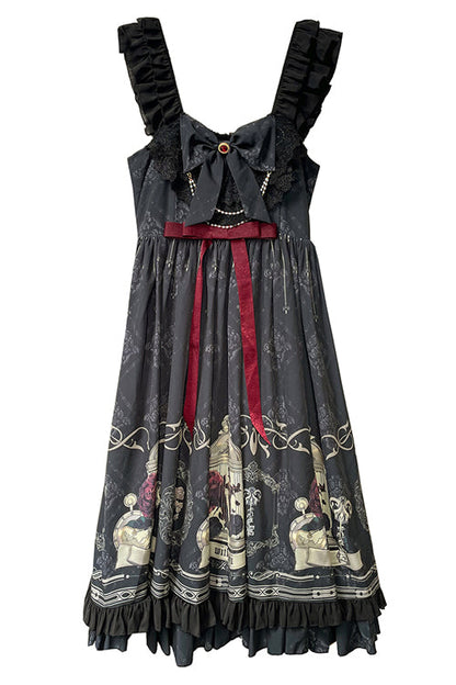 Black Ruffled Strap Court Print Front And Back Bow Classic Lolita JSK Dress