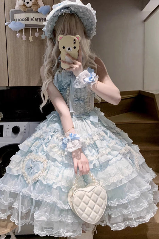 Blue [Sweetheart Diary] Multi-Layered Ruffle Hanayome Embroidery Bowknot Lace Sweet Lolita Jsk Dress