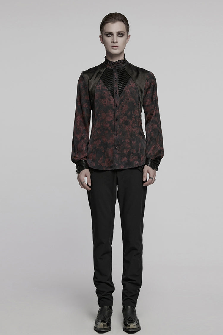 Black/Red Stand Collar Long Sleeves Ruffle Pleated Men's Gothic Blouse