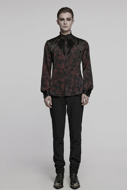 Black/Red Stand Collar Long Sleeves Ruffle Pleated Men's Gothic Blouse