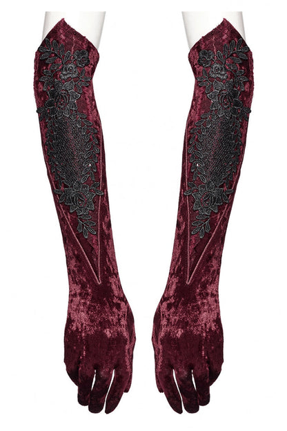 Red Floral Embroidery Lace-Up Women's Gothic Gloves