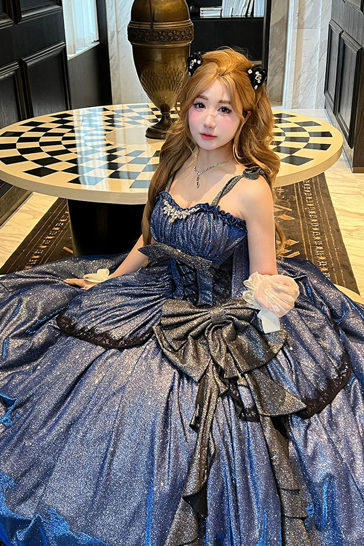 Blue [Galaxy of Fallen Tears] Sleeveless Glitter Series Ruffled Bow Asymmetric Sweet Lolita Jsk Dress