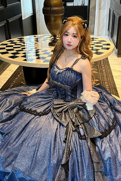 Blue [Galaxy of Fallen Tears] Sleeveless Glitter Series Ruffled Bow Asymmetric Sweet Lolita Jsk Dress