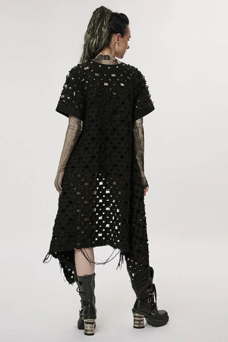 Black Ripped Buckle Hollow Irregular Womens Steampunk Blouse Cardigan