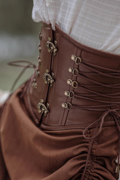 Brown Lace-Up Classic Vintage Leather Waist Lolita Belt with Metal Horn Buckle