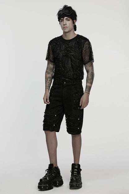 Black Ripped Eyelet Straps Men's Gothic Shorts