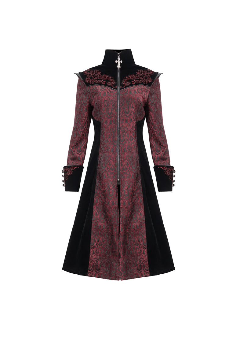 Red Jacquard Studded Mushroom Buckle Metal Cross Embroidered Women's Gothic Coat