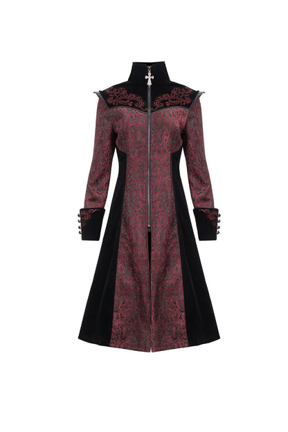 Red Jacquard Studded Mushroom Buckle Metal Cross Embroidered Women's Gothic Coat