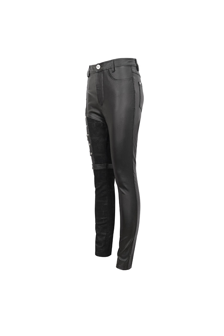 Black Tight Leather Multi Buckle Splice Women's Punk Pants