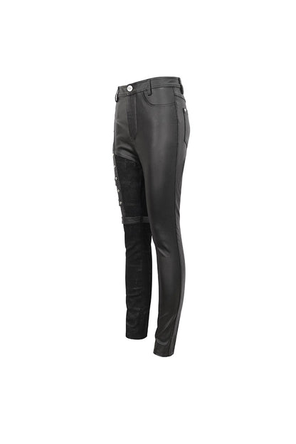 Black Tight Leather Multi Buckle Splice Women's Punk Pants