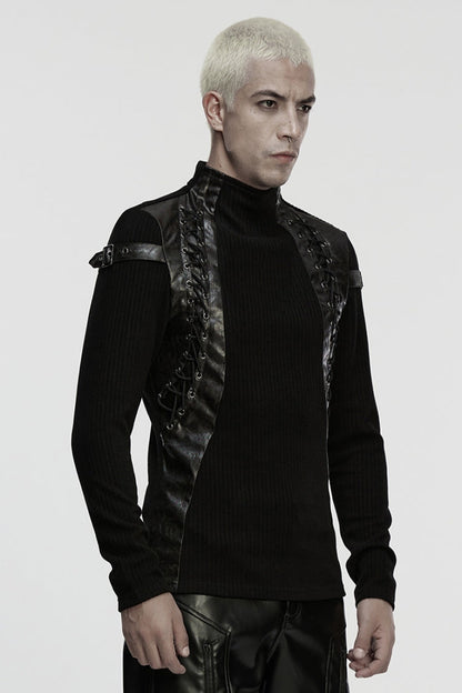 Black Stand Collar Long Sleeves Spliced Buckled Strappy Men's Punk Top