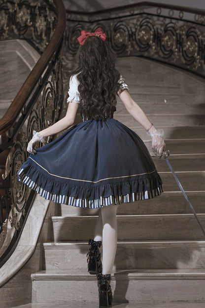 Blue Middle Ages Ruffle Embroidery Bowknot Classic Punk Vintage Lolita Skirt Full Set