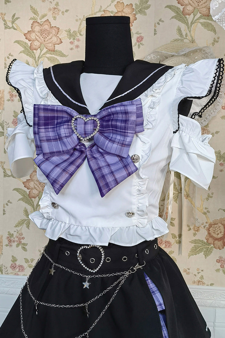 Black/White Short Sleeves Print Bowknot Sweet Jirai Kei Skirt Set