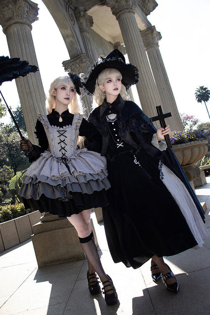 Black Witch Long Sleeves Ruffle Bowknot Stitching Lace Gothic Lolita Long Dress