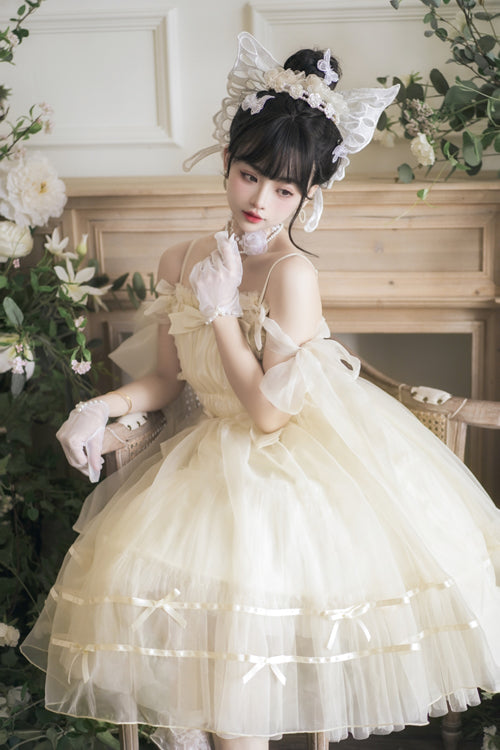 Beige Small Ballet High Waisted Bowknot Chiffon Long Version Sweet Lolita JSK Dress