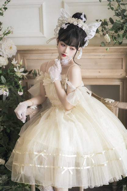 Beige Small Ballet High Waisted Bowknot Chiffon Long Version Sweet Lolita JSK Dress