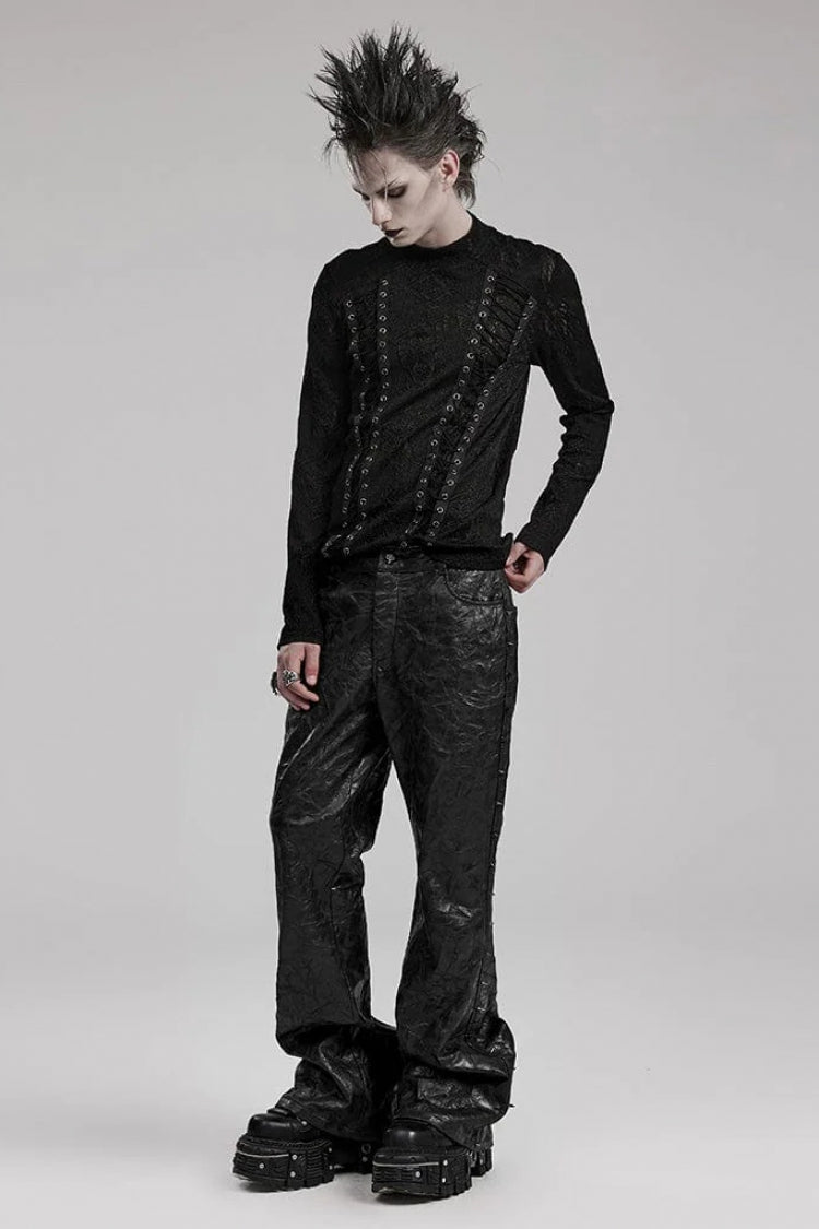 Black Round Collar Long Sleeves Jacquard Symmetrical Rope Mens Gothic T-Shirt