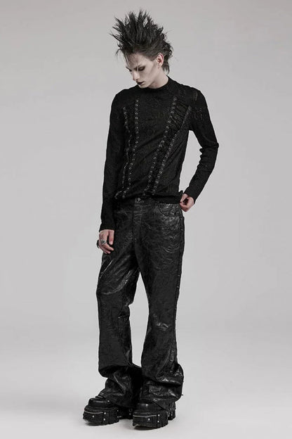 Black Round Collar Long Sleeves Jacquard Symmetrical Rope Mens Gothic T-Shirt