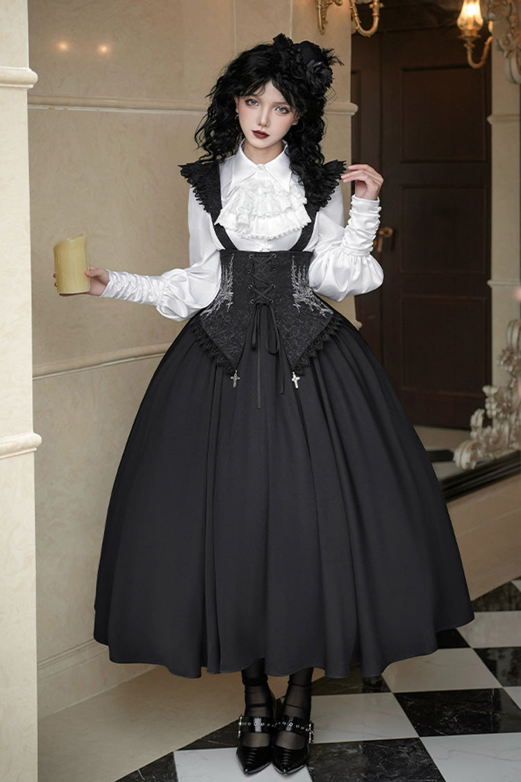 Black [Night of Thorns] Sleeveless Embroidery Lace-Up Gothic Lolita Strap Breast Support Dress 2 Versions