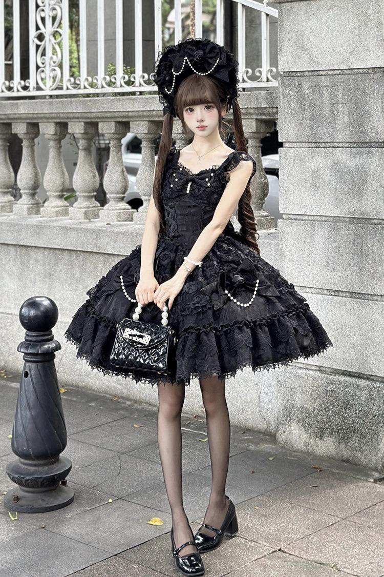 Black [Rose Princess] Sleeveless Ruffle Bowknot Lace Lace-Up Gothic Ballet Lolita Jsk Dress
