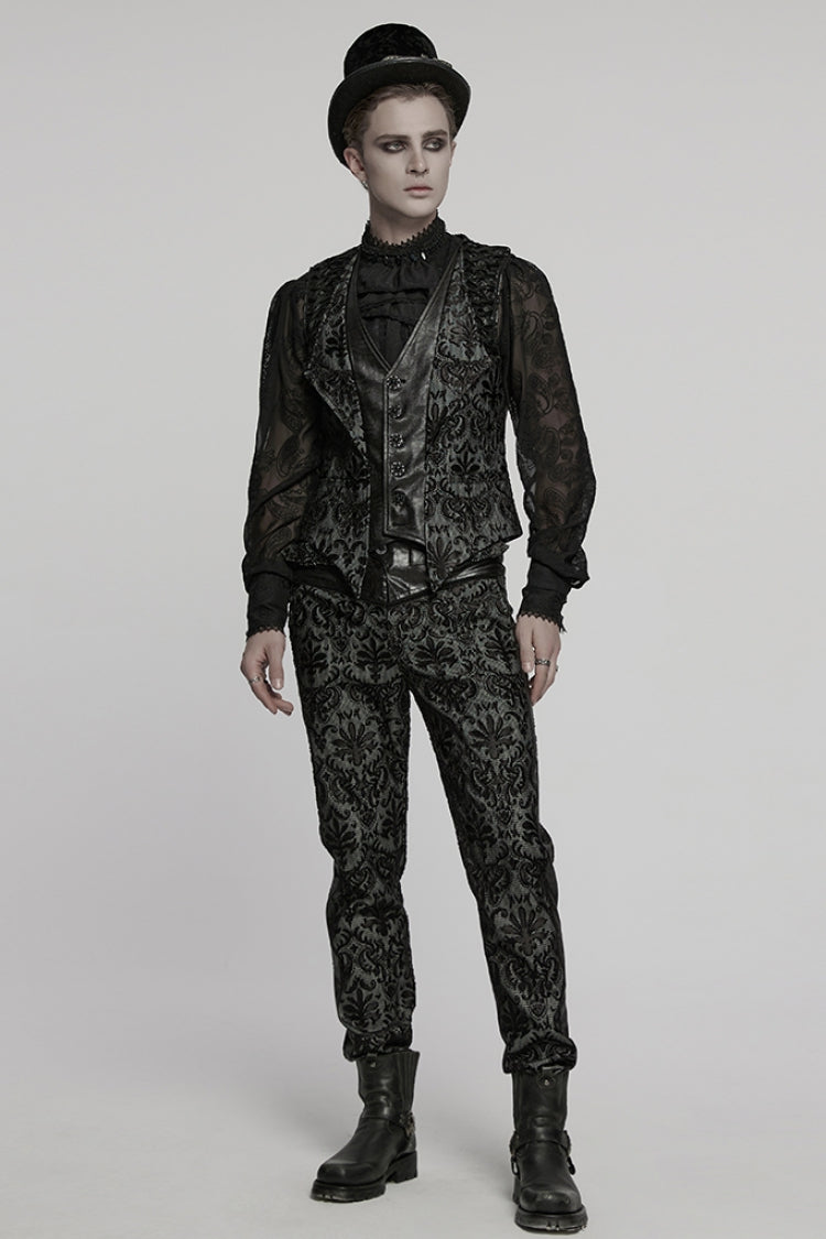 Black V Collar Long Sleeves Floral Embroidery Men's Gothic Vest