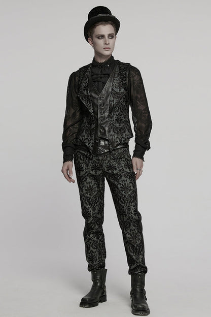 Black V Collar Long Sleeves Floral Embroidery Men's Gothic Vest