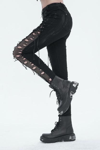 Black Stretch Twill Paneled Mesh Perforated Women's Punk Trousers