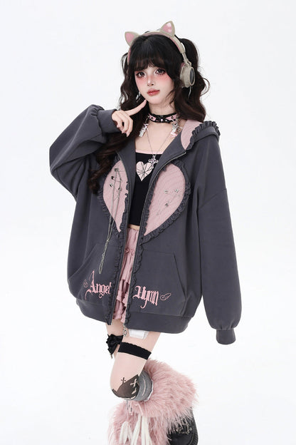 [Striped Bunny Ears] Long Sleeves Heart Print Embroidery Hooded Zipper Sweet Jirai Kei Cool Lolita Coat 2 Colors