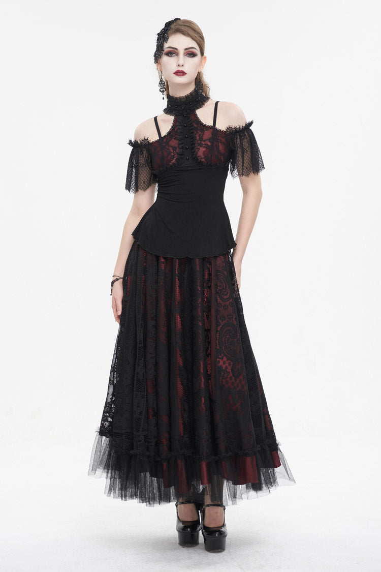 Black/Red Off Shoulder Lace Round Collar Splice Women's Gothic Shirt