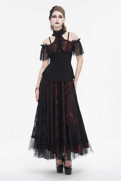 Black/Red Off Shoulder Lace Round Collar Splice Women's Gothic Shirt