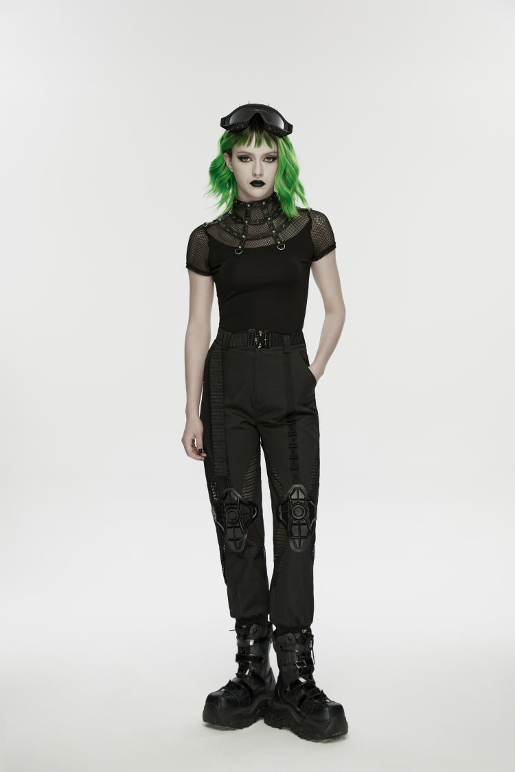 Black Stand Collar Short Sleeves Zippered Women's Punk Rivets&Eyelets T-Shirt