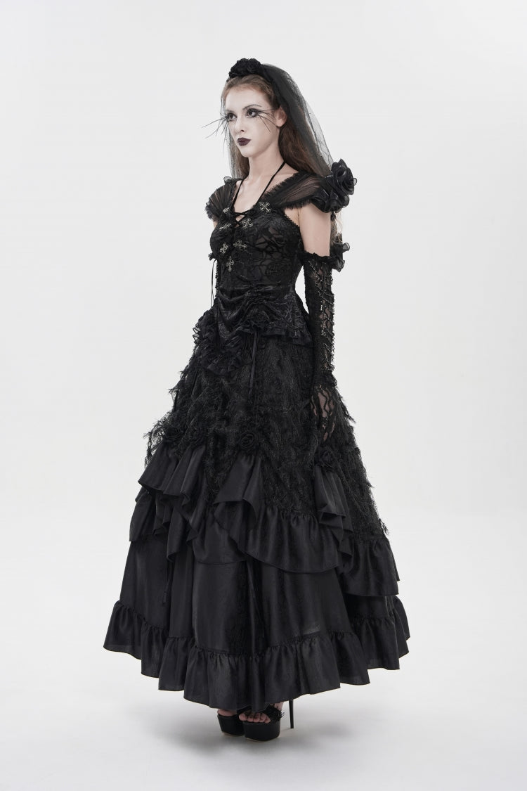 Black V Collar Short Sleeves Embroidered Lace Lace-Up Slim Women's Gothic Top