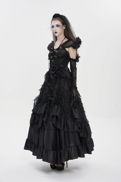 Black V Collar Short Sleeves Embroidered Lace Lace-Up Slim Women's Gothic Top