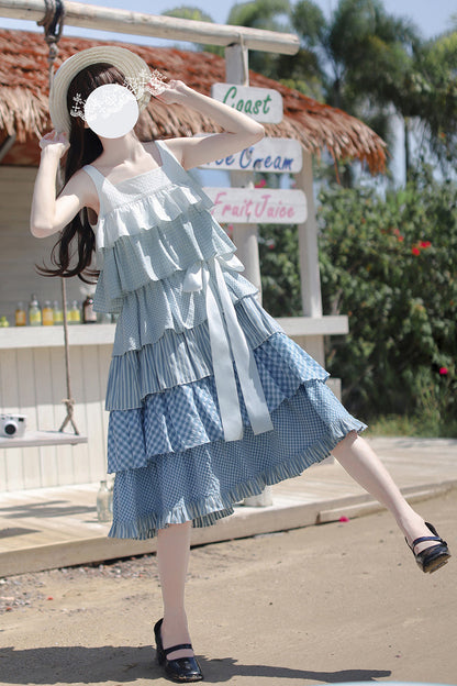 Blue [Go To The Beach] Multi-Layered Print Ruffle Holiday Sweet Lolita Jsk Dress