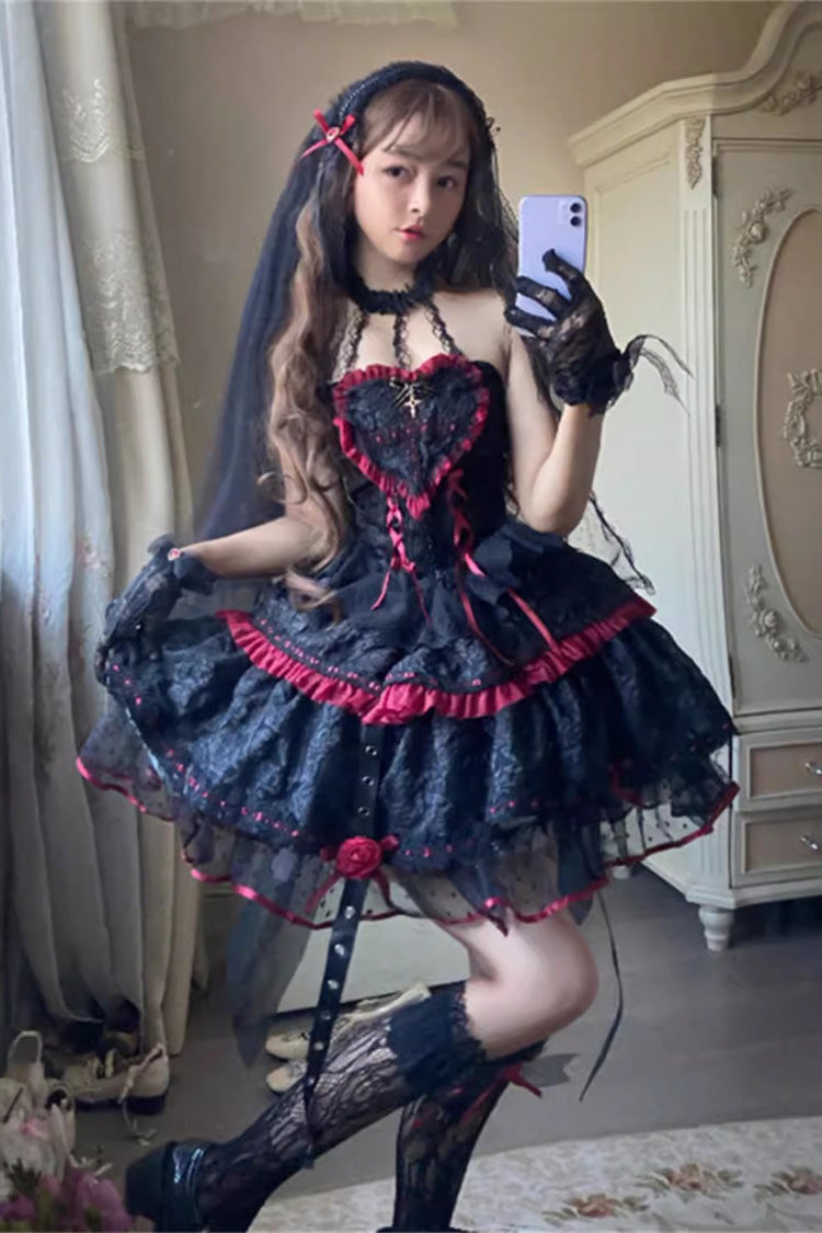 Black/Red Witch Vampire Rose Long Sleeves Print Ruffle Lace-Up Gothic Punk Lolita Dress