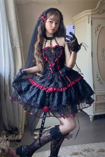 Black/Red Witch Vampire Rose Long Sleeves Print Ruffle Lace-Up Gothic Punk Lolita Dress
