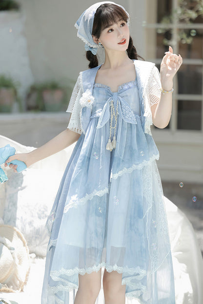 Blue [Clouds Resting in the Wilderness] Print Ruffle Embroidery Bowknot Lace Irregular Lolita Jsk Dress
