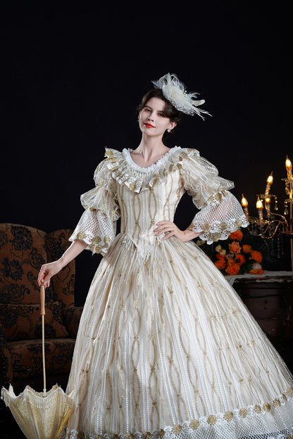 Champagne Long Puff Sleeves Ruffled Cut-Out Mesh Classic Vintage Palace Lolita Victorian Dress