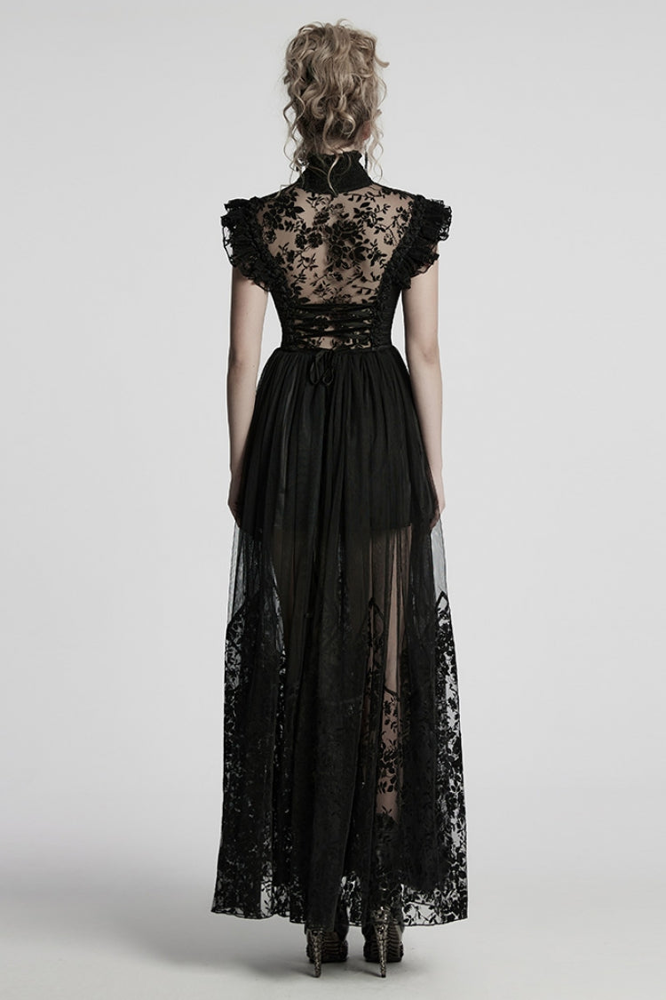 Black Stand Collar Hollow Embroidery Flocking Mesh Women's Gothic Formal Dress