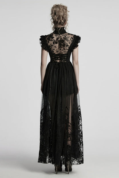 Black Stand Collar Hollow Embroidery Flocking Mesh Women's Gothic Formal Dress