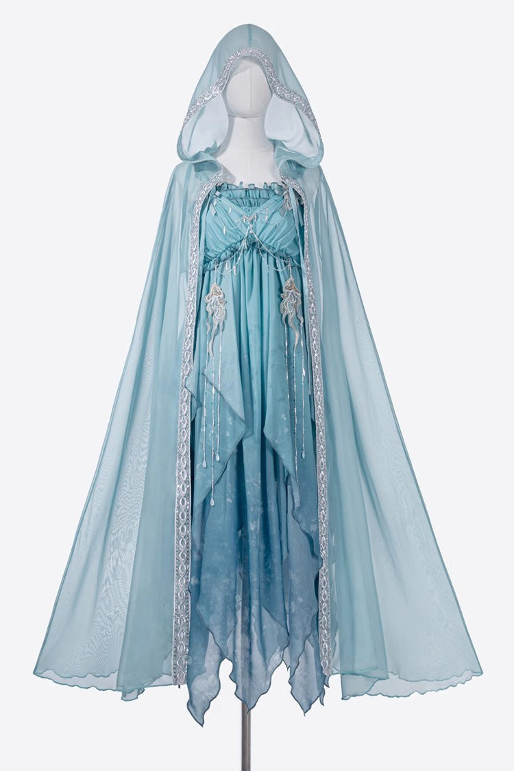 Blue [Ocean Sprite] Gradient Print Irregular Hooded Sweet Lolita Jsk Dress Cloak Set