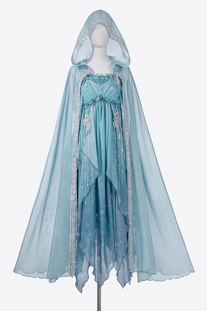 Blue [Ocean Sprite] Gradient Print Irregular Hooded Sweet Lolita Jsk Dress Cloak Set