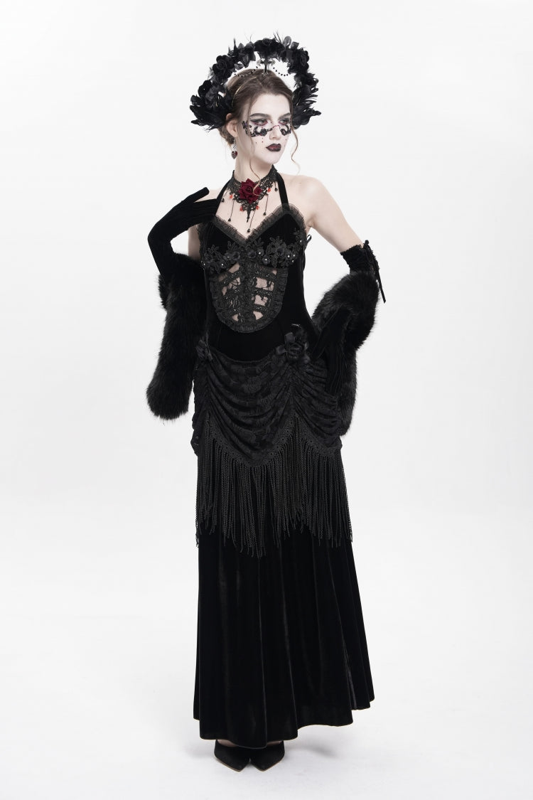 Black Sleeveless Hollow Floral Embroidery Lace-Up Pleated Women's Gothic Maxi Dress