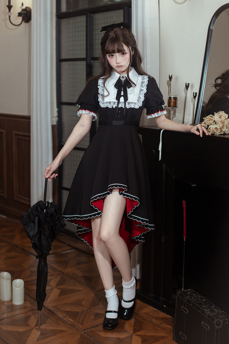 Black/White [Rosalind] Lapel Collar Short Sleeves Bow Lace Gothic Maid Lolita Dress