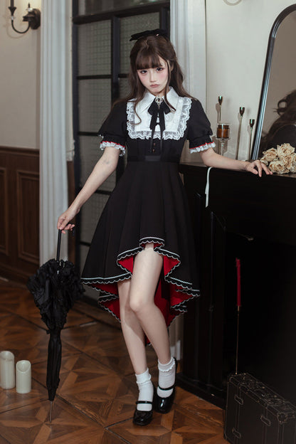 Black/White [Rosalind] Lapel Collar Short Sleeves Bow Lace Gothic Maid Lolita Dress