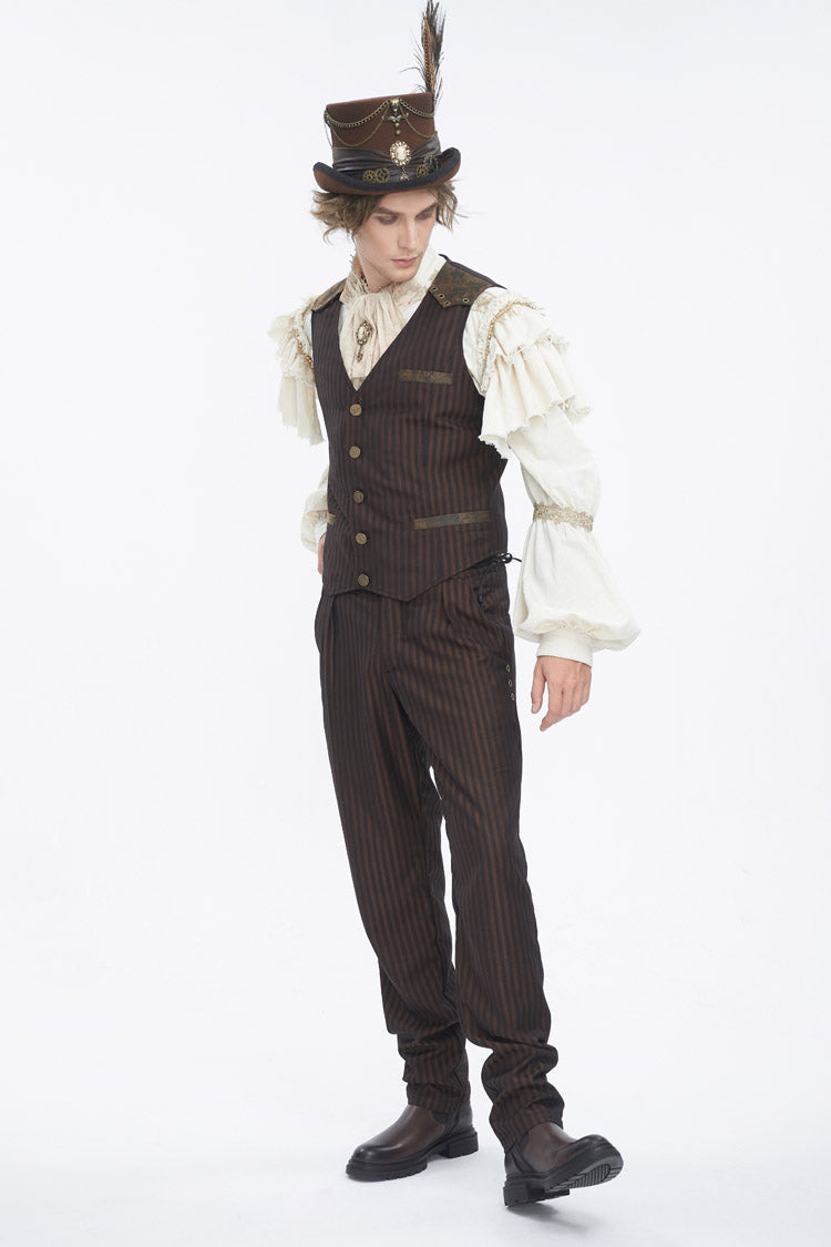 Brown Striped V Collar Stitching Slim Men's Gothic Vest
