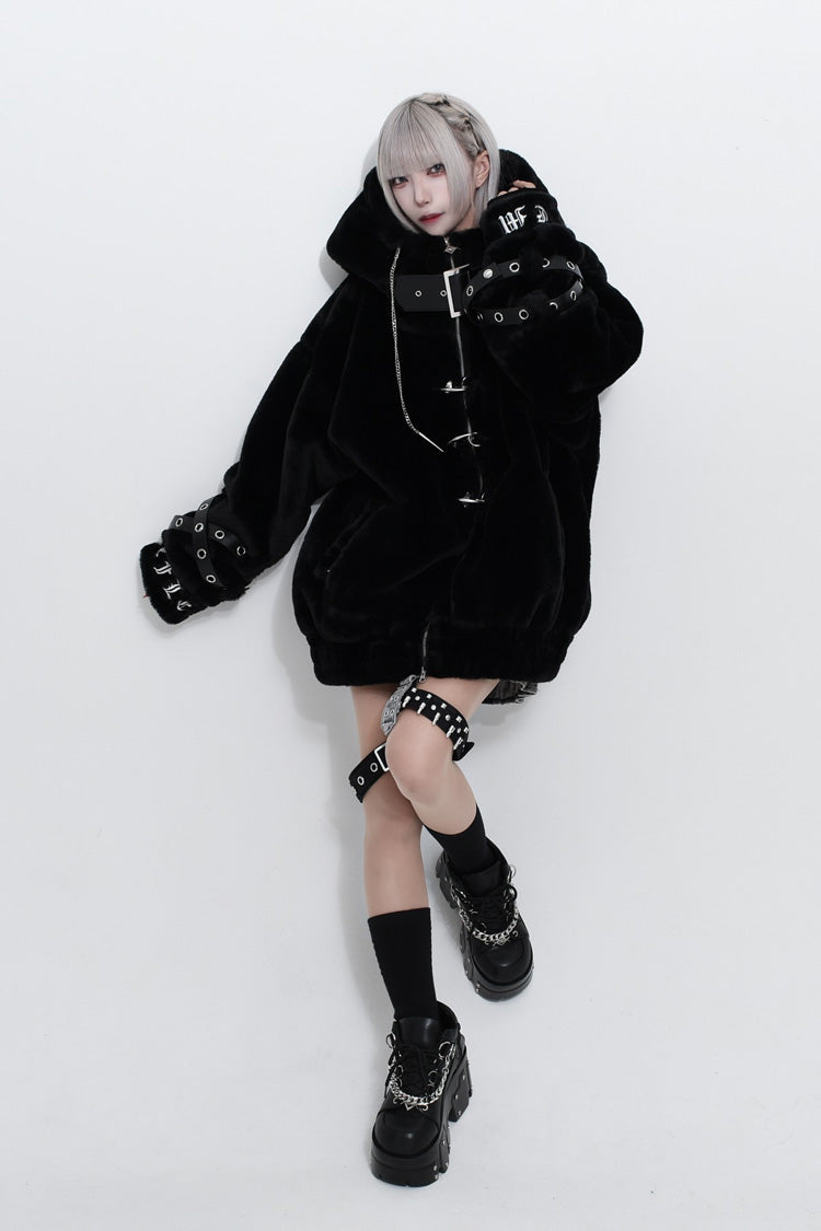 Jirai Kei Long Sleeves Hooded Zipper Punk Japanese Coat With Cross Leather Buckles 2 Colors