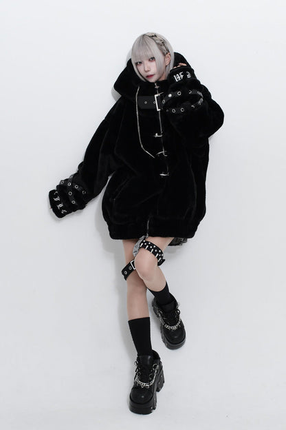 Jirai Kei Long Sleeves Hooded Zipper Punk Japanese Coat With Cross Leather Buckles 2 Colors