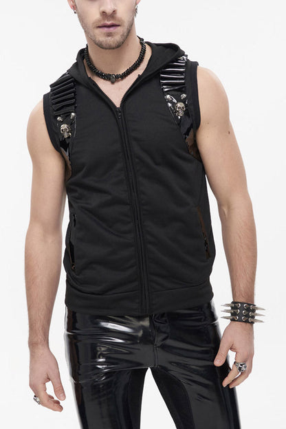 Black Punk Metal Skull Patent Leather Bullet Clip Textured Zip Hooded Sleeveless Men's T-Shirt